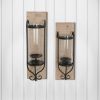 21 Inch Industrial Wall Mount Wood Candle Holder With Glass Hurricane, Set of 2, Black